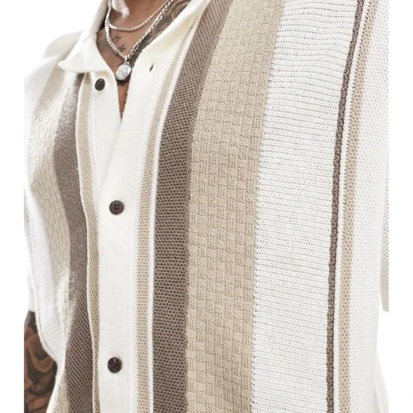 NEW! Hollister Knit Camp Shirt Striped Button Front Short Sleeve Brown SZ S - Picture 3 of 9